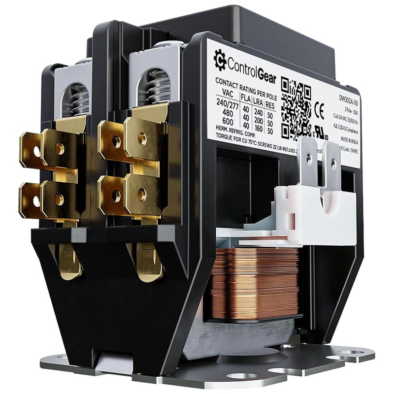 ControlGear 2 Pole Definite Purpose Contactor 24V Coil, 30 Amp Definite Purpose, UL Recognized and Approved for use with A2L Refrigerants, Line Lugs, Load Screws, DW302A-11 (2P 30A 24V Coil) - Image 1